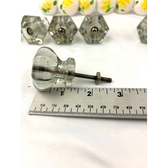 Vintage Lot of 20 Ceramic Glass Cabinet Pull Knobs Yellow Floral Clear Faceted - Picture 12 of 16